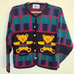 Vintage Tally Ho Teddy Bear Wool Cardigan Sweater women medium 90’s cottagecore